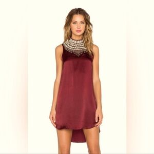HAUTE HIPPIE Burgundy Silk Crystal Embellished High Neck Dress 0